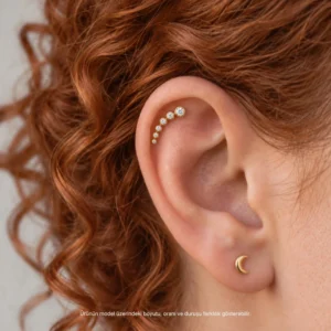 Sıra Taşlı 14 Ayar Altın Helix Piercing