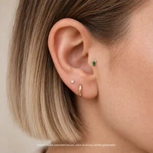 Yeşil Taşlı 14 Ayar Altın Tragus Piercing