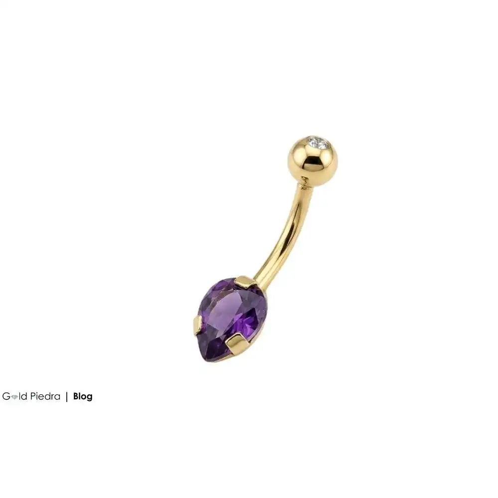 Gold Piedra standartlarında üretilmiş, 1.6mm kalınlığında damla kesim mor taşlı 14 ayar altın göbek piercingi.
