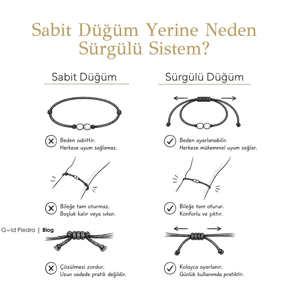 Mücevherat üretiminde sabit düğüm ve sürgülü ipli sistemin ergonomik ve teknik farkları.