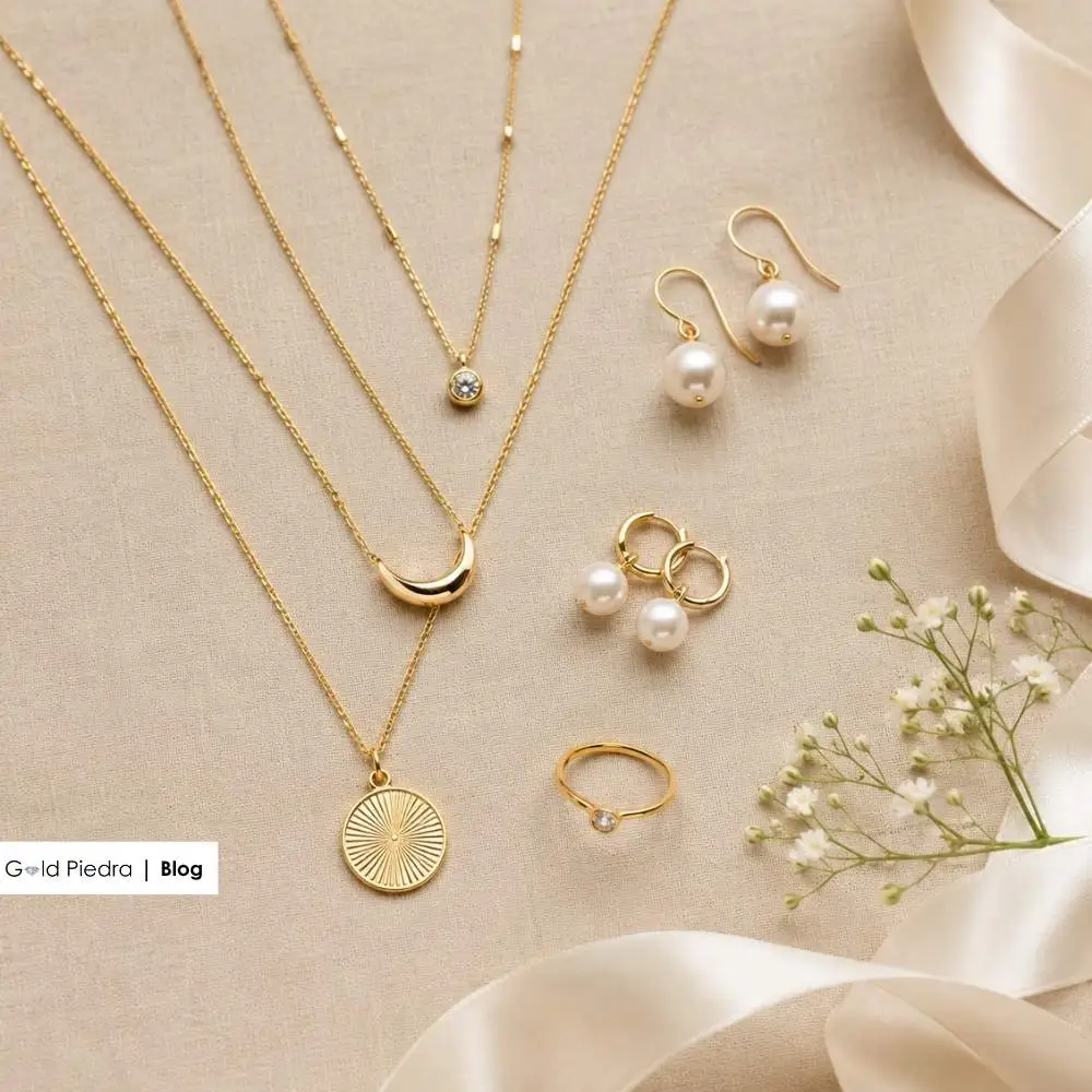 Düğün takısı seçiminde inci küpeler ve farklı uzunluklarda altın kolyelerle oluşturulmuş modern katmanlama kombinleri.