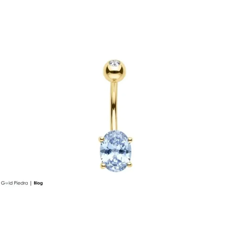 14 ayar altın, antialerjik ve 1.6mm bar kalınlığına sahip oval mavi taşlı göbek piercing modeli.