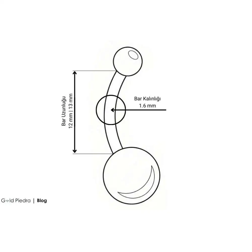 Göbek piercing üretiminde doku sağlığı için ideal olan 1.6mm bar kalınlığı ve 12mm bar uzunluğu teknik şeması.
