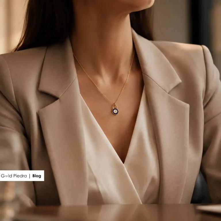 Ofis şıklığını tamamlayan profesyonel bej blazer ceket ve minimalist altın kolye kombini.