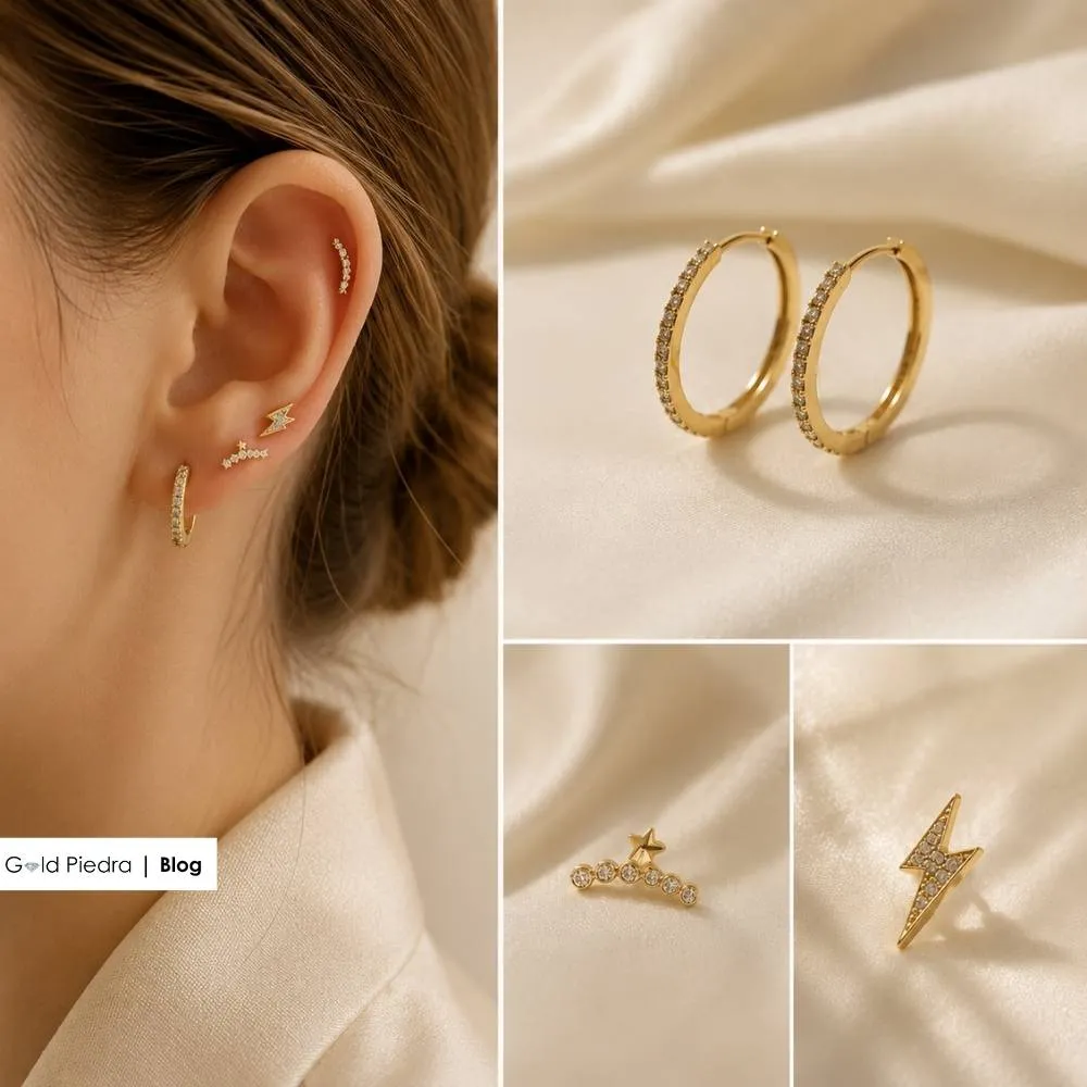 Minimalist tarzda zarif altın piercing, yıldız ve şimşek figürlü küçük kulak takıları kombinasyonu.