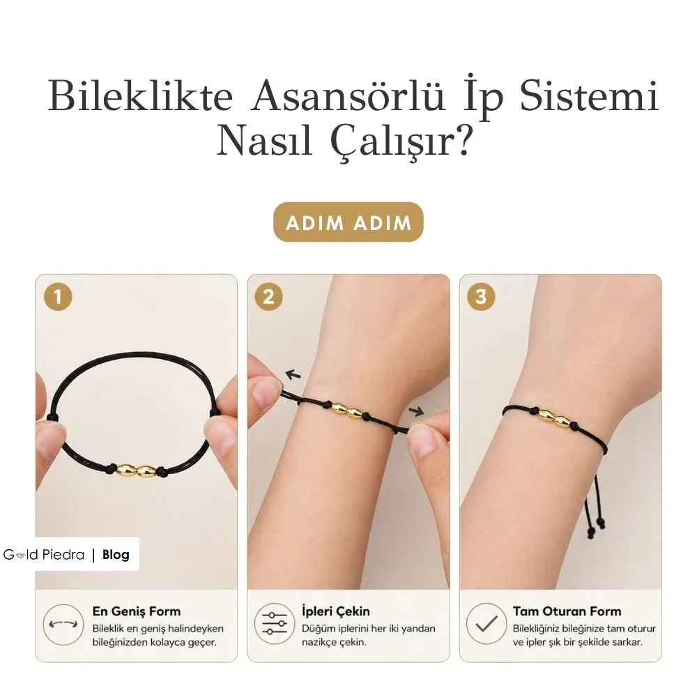 İpli bilekliklerde sürgülü asansör sisteminin adım adım çalışma mekanizması ve ayarlanması.