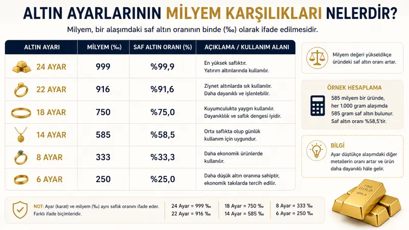 Altın ayarlarının milyem karşılıkları nelerdir?