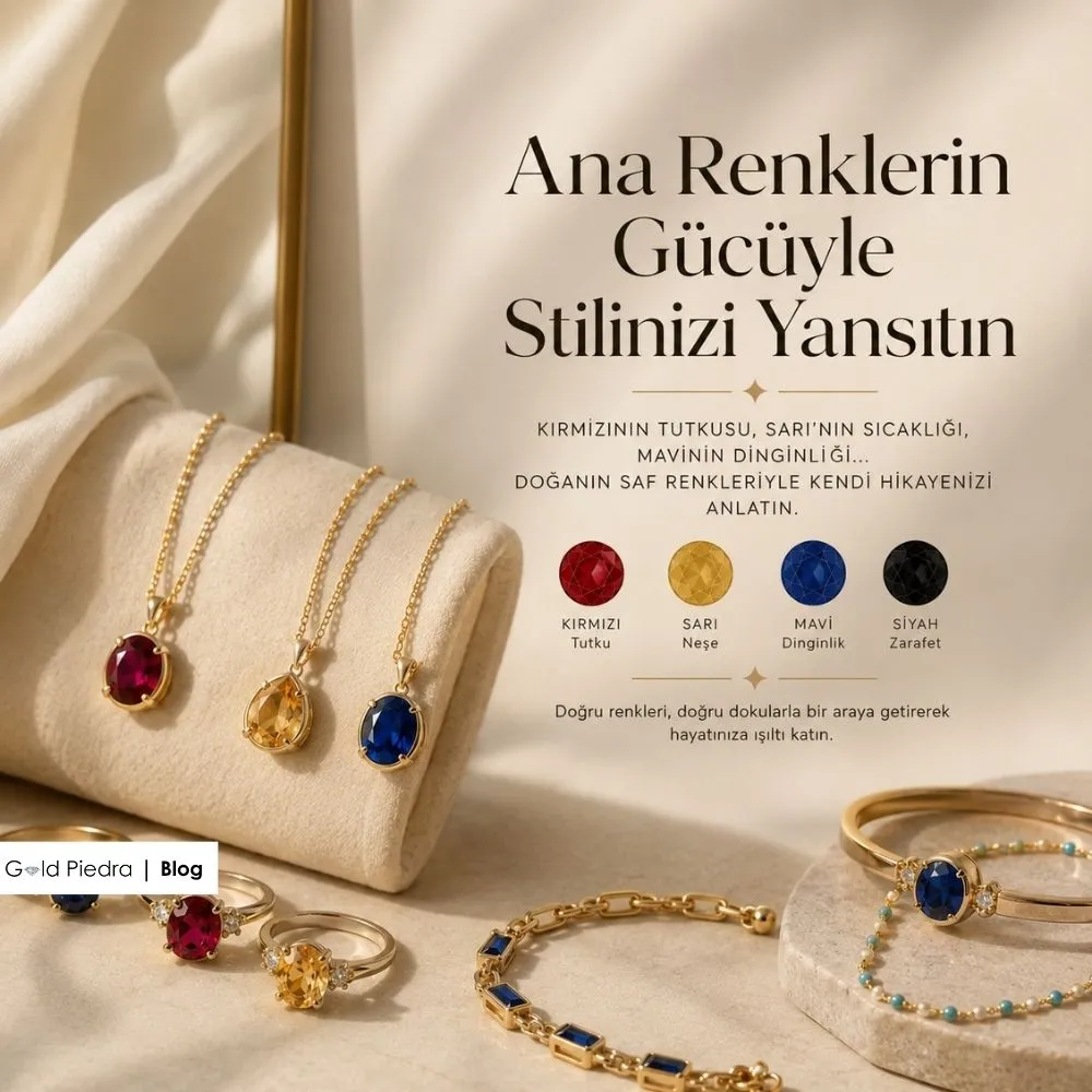 Kırmızı, sarı, mavi ve siyah renklerin takı dünyasındaki anlamlarını ve kombin enerjilerini özetleyen stil tablosu.
