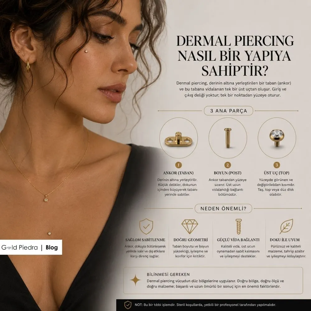 Dermal piercing anatomisi ankor taban, post boyun ve değiştirilebilir üst uç top yapısı detayları.