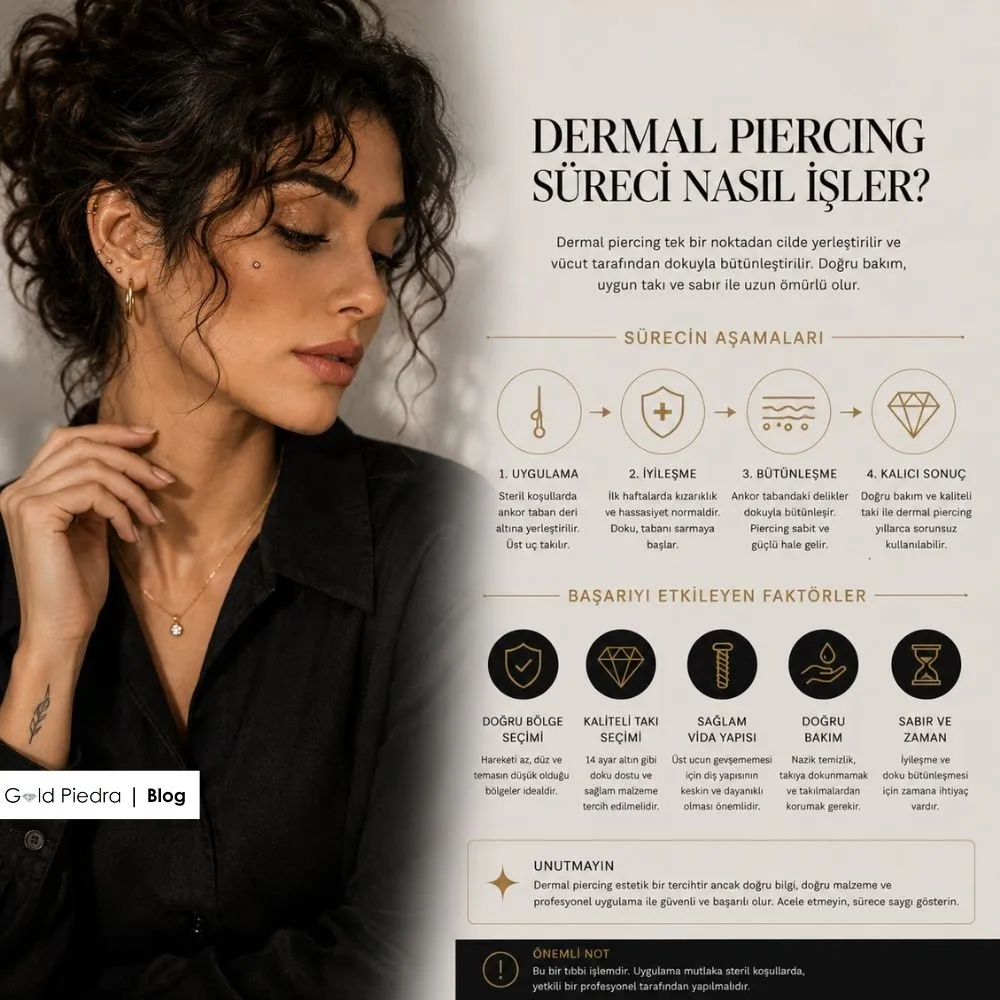Dermal piercing iyileşme süreci, doku bütünleşmesi ve 14 ayar altın takı kullanımının önemi.