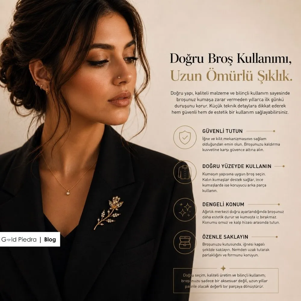 Kumaşa zarar vermeden uzun ömürlü ve güvenli altın broş kullanımı ile şık tasarım detayları.