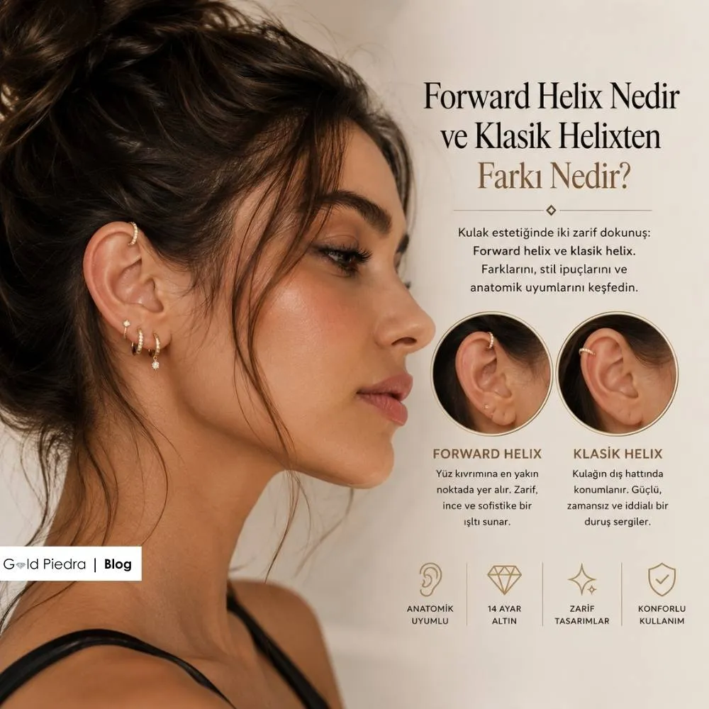 Gold Piedra uzmanlarından yüz kıvrımına yakın forward helix ile klasik helix piercing estetik farkları kapak görseli.