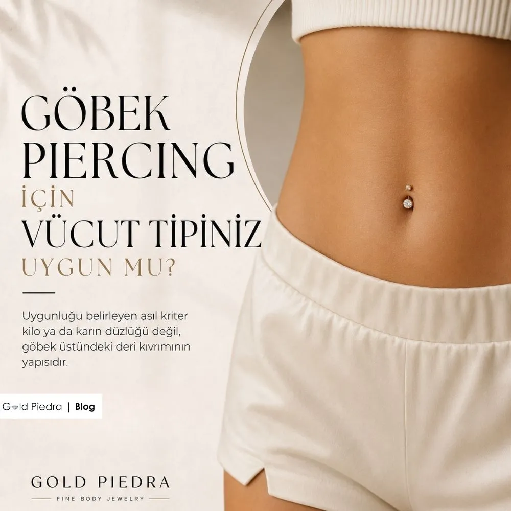 Göbek piercing için vücut tipi uygunluğu ve anatomik kriterler hakkında Gold Piedra uzman rehberi kapak görseli.