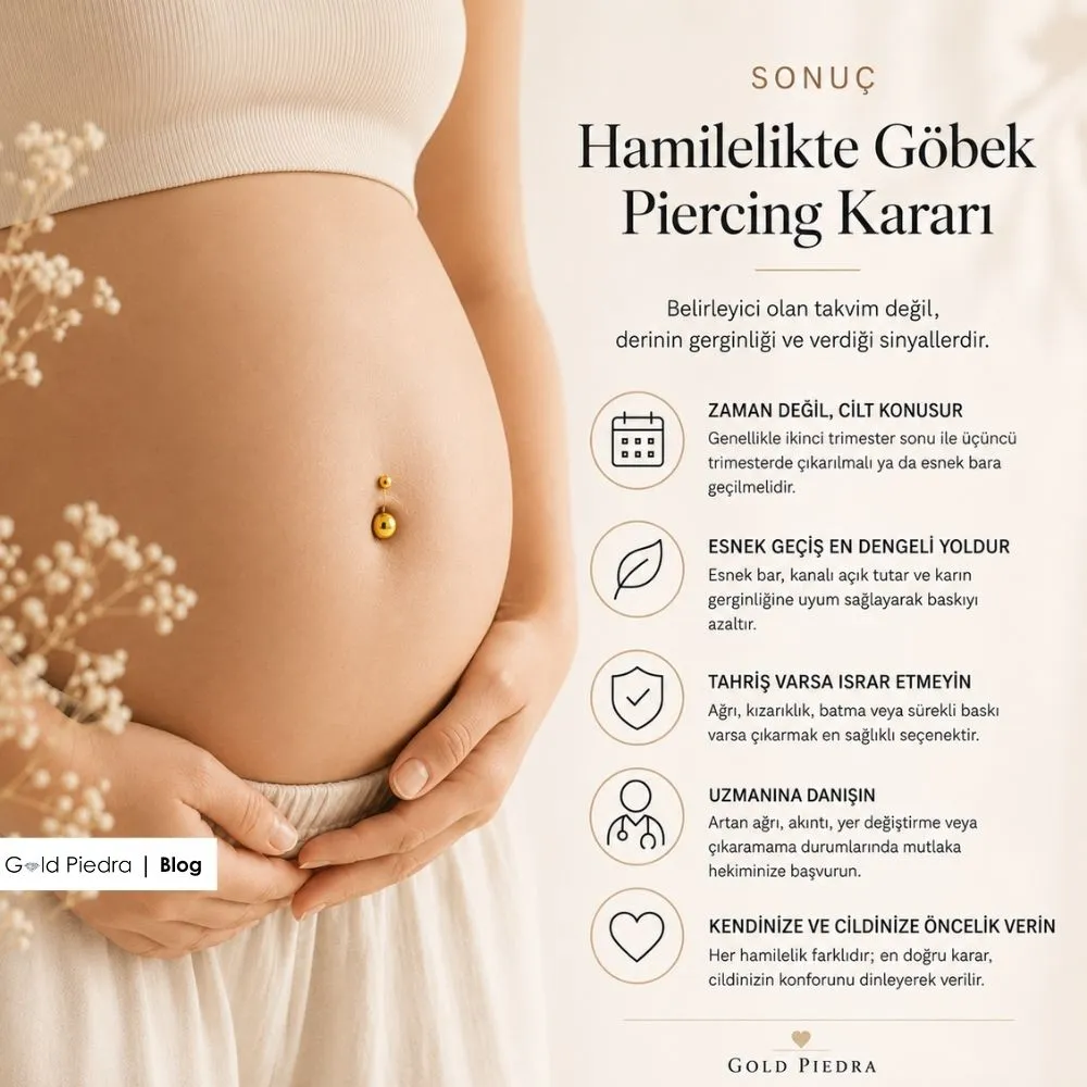 Hamilelikte göbek piercing çıkarma kararı, esnek bara geçiş ve uzman tavsiyelerini içeren Gold Piedra sonuç rehberi.