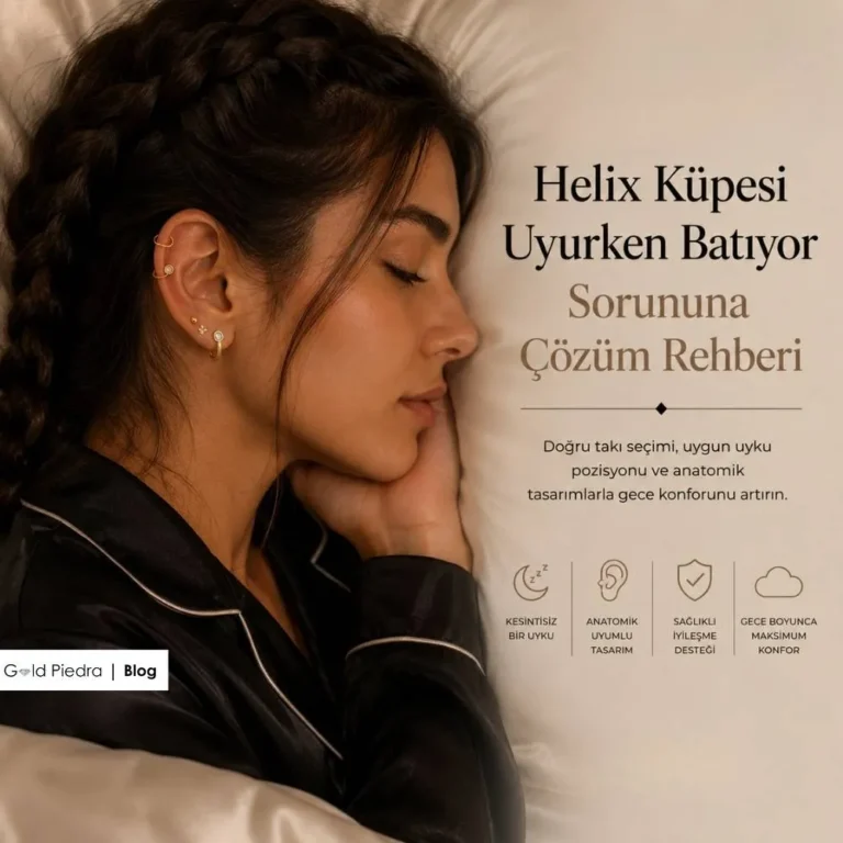 Gold Piedra uzmanlarından helix küpesi uyurken batıyor sorununa anatomik tasarımlarla kesin çözüm rehberi kapak görseli.
