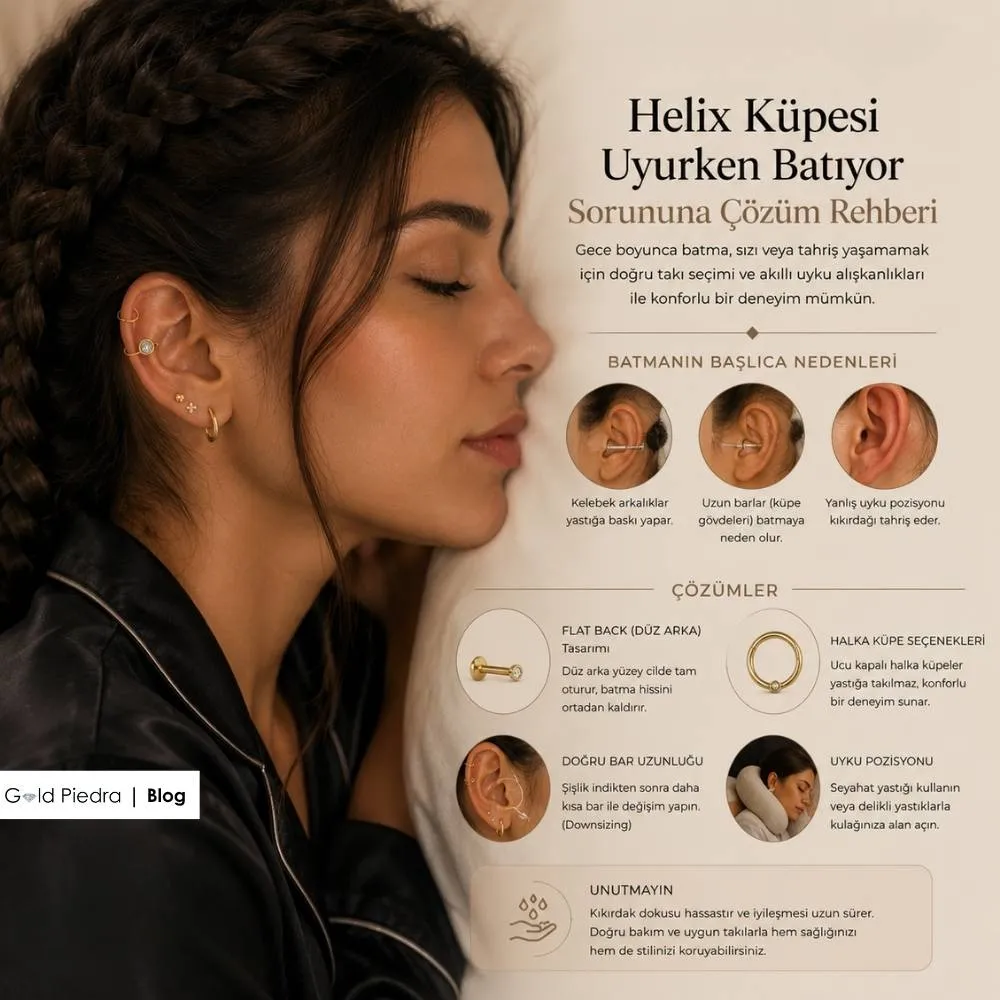 Helix piercing batma nedenleri ile flat back düz arka tasarım ve doğru bar uzunluğu gibi konforlu takı çözümleri.