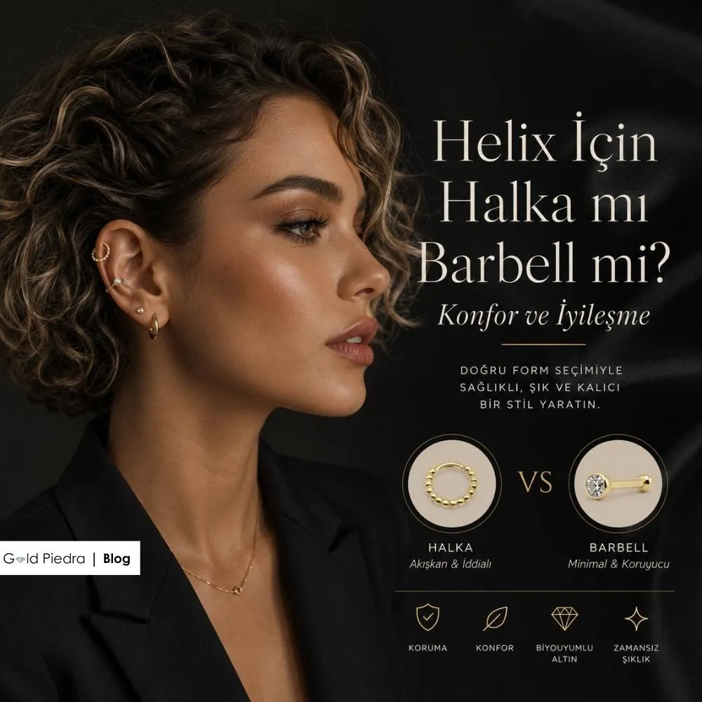 Gold Piedra uzmanlarından helix kıkırdak piercingi için halka ve barbell formlarının konfor ve iyileşme kıyaslaması kapak görseli.