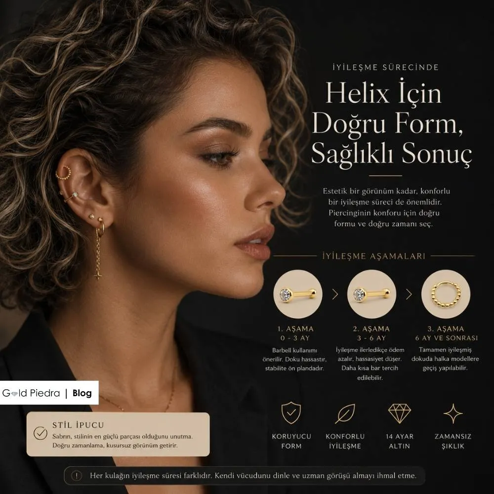 Helix piercing sağlıklı iyileşme sürecinde barbell kullanımı ve aylar sonra tamamen iyileşmiş dokuda halka modeline geçiş aşamaları.