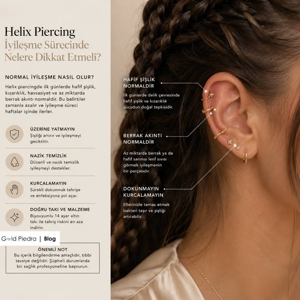Helix piercing iyileşme sürecinde hafif şişlik, berrak akıntı gibi normal belirtiler ve dikkat edilmesi gereken bakım adımları.