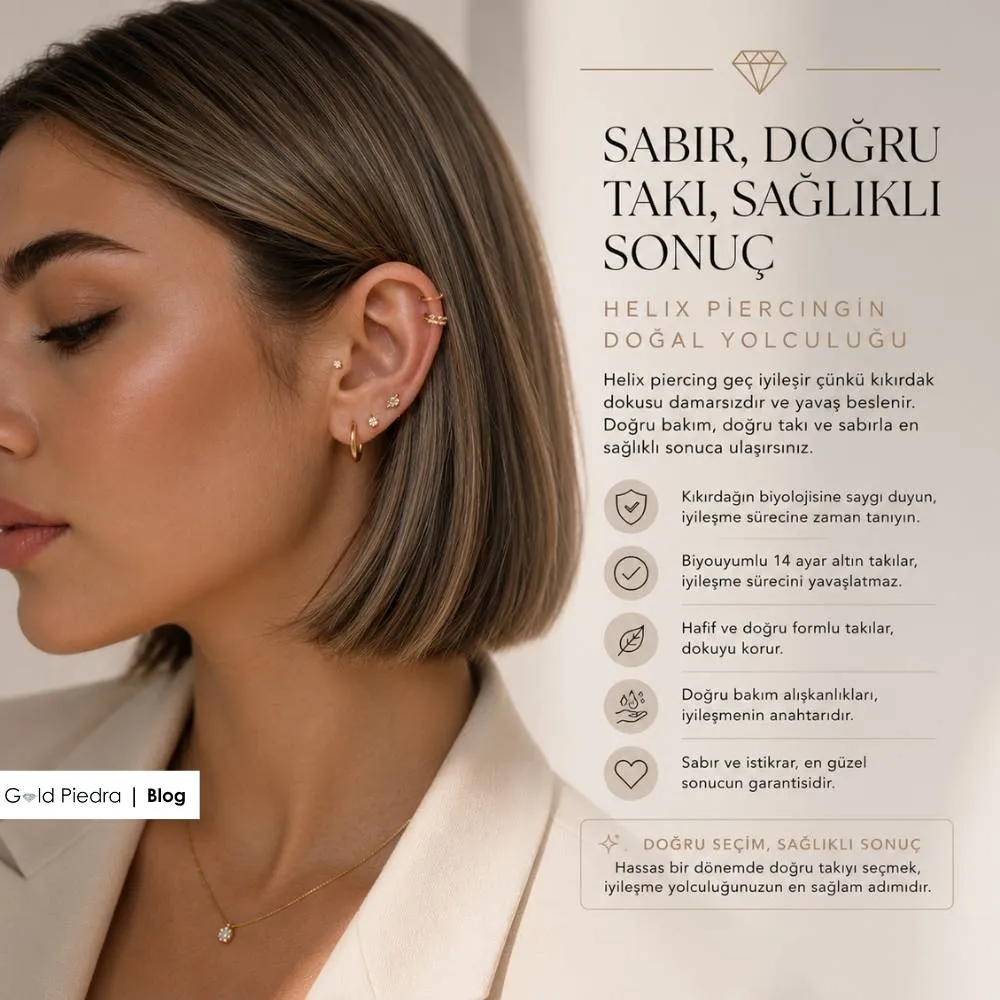 Biyouyumlu 14 ayar altın kullanımı ve doğru bakımla helix piercing sağlıklı iyileşme süreci özeti.