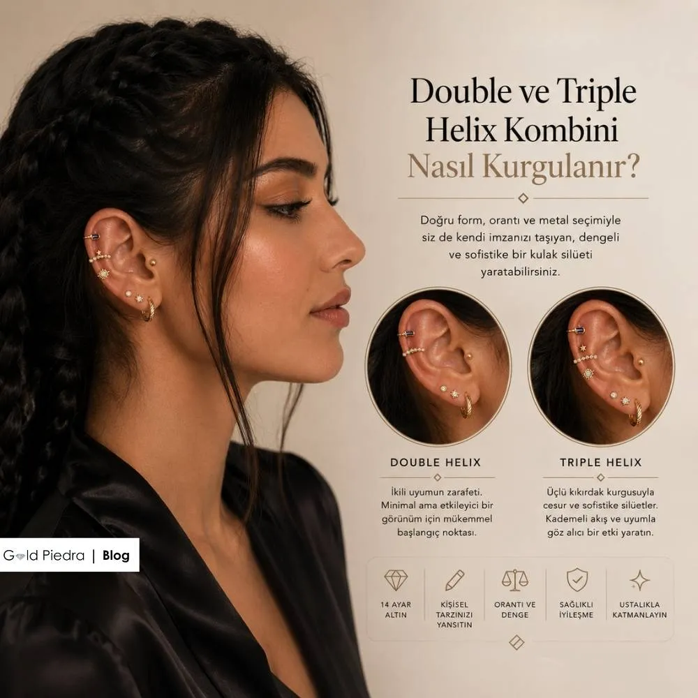 Double ve triple helix piercing kombinlerinde orantı denge ve katmanlama sanatını gösteren detaylı kulak estetiği.