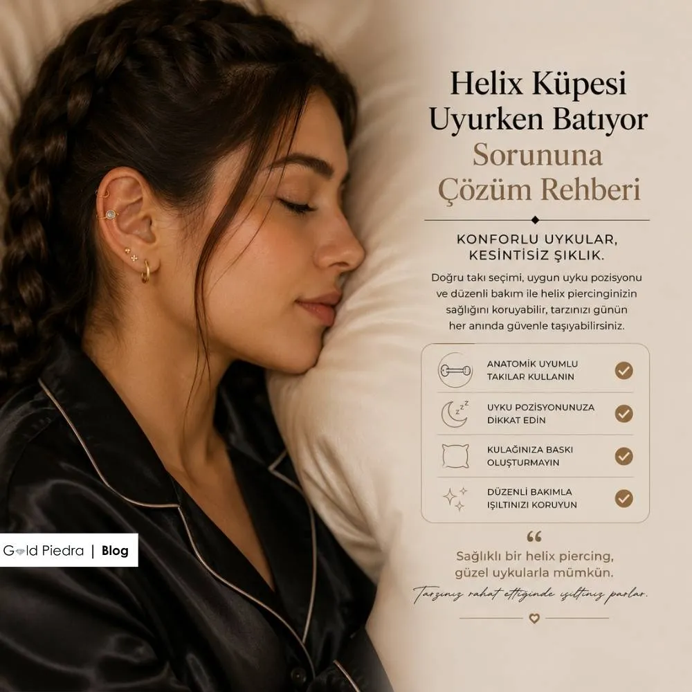 Helix piercing ile kesintisiz ve şık bir uyku için anatomik uyumlu takı seçimi, doğru uyku pozisyonu ve düzenli bakım özeti.