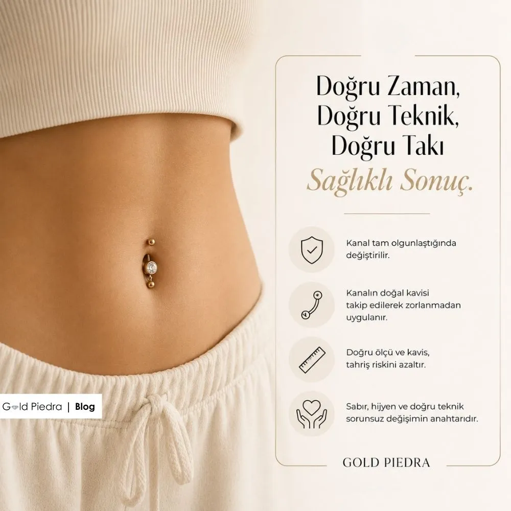 Doğru zamanlama, kavisli anatomiye uygunluk ve cilt dostu takı kullanımıyla sağlıklı göbek piercing değişiminin altın kuralları.