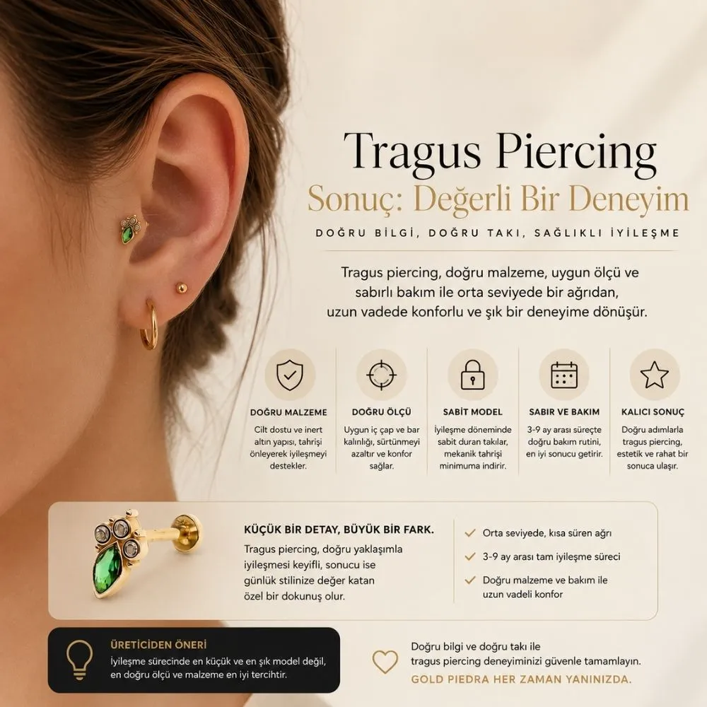 Doğru malzeme, uygun ölçü ve sabırlı bakım ile sağlıklı tragus piercing iyileşme sürecini özetleyen uzman rehberi.