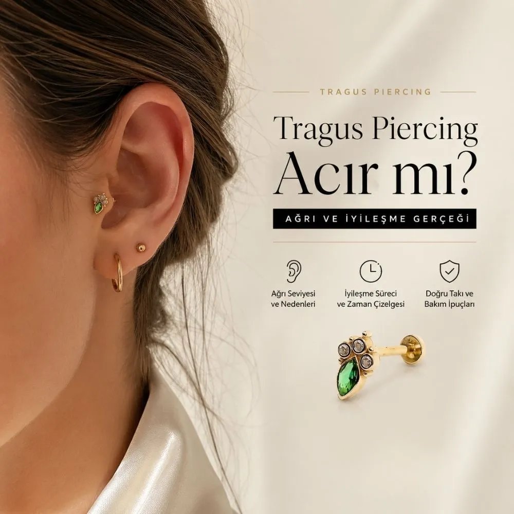 Gold Piedra uzmanlarından tragus piercing ağrı seviyesi, iyileşme süreci ve doğru takı seçimi rehberi kapak görseli.