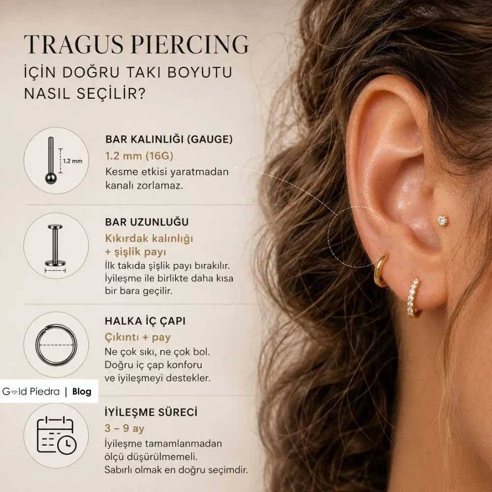 Tragus piercing anatomisine uygun 1.2 mm bar kalınlığı, şişlik payı bırakan bar uzunluğu ve doğru halka iç çapı ölçü rehberi.