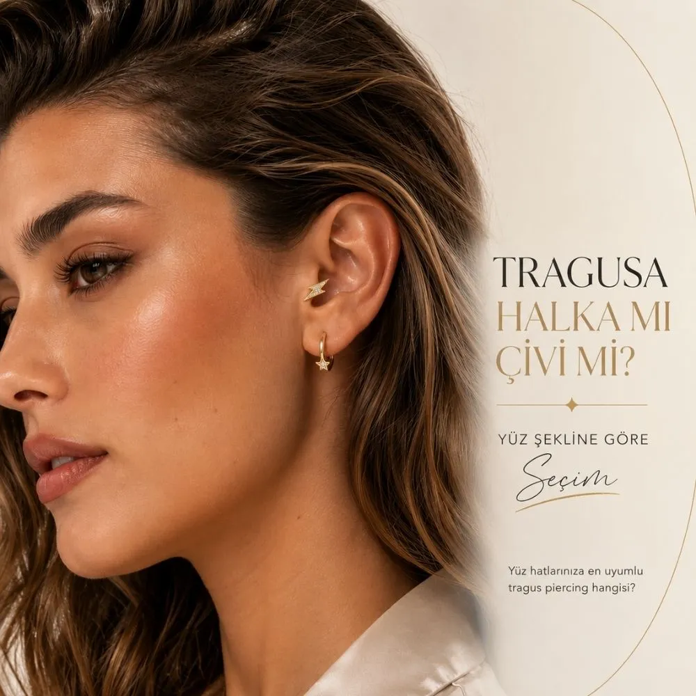 Gold Piedra stil danışmanlarından yüz şekline göre tragus piercing halka ve çivi model seçimi rehberi kapak görseli.