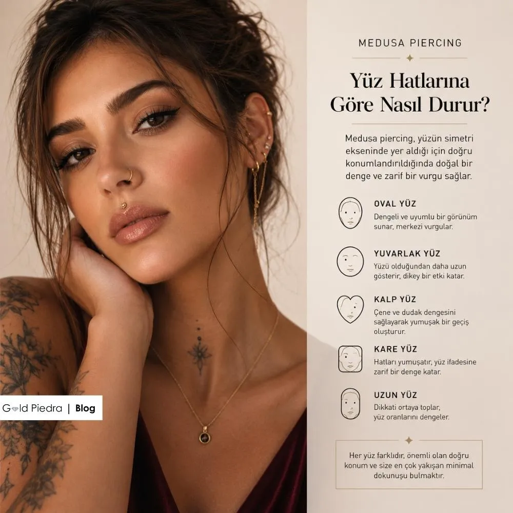 Oval, yuvarlak ve kalp yüz hatlarına göre medusa piercingin duruşu ve doğru takı konumu detayları.