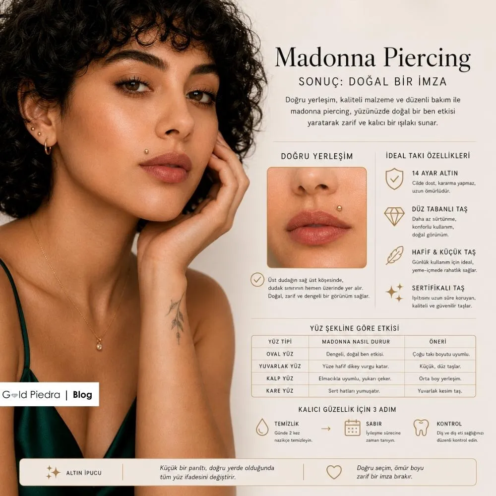 Yüz hatlarına göre madonna piercing duruşu ve 14 ayar altın ile doğal imza etkisi yaratan takı özellikleri.