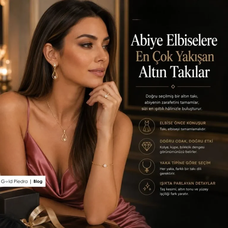 Gold Piedra uzmanlarından abiye elbiselere en çok yakışan altın takılar ve gece şıklığı kapak görseli.