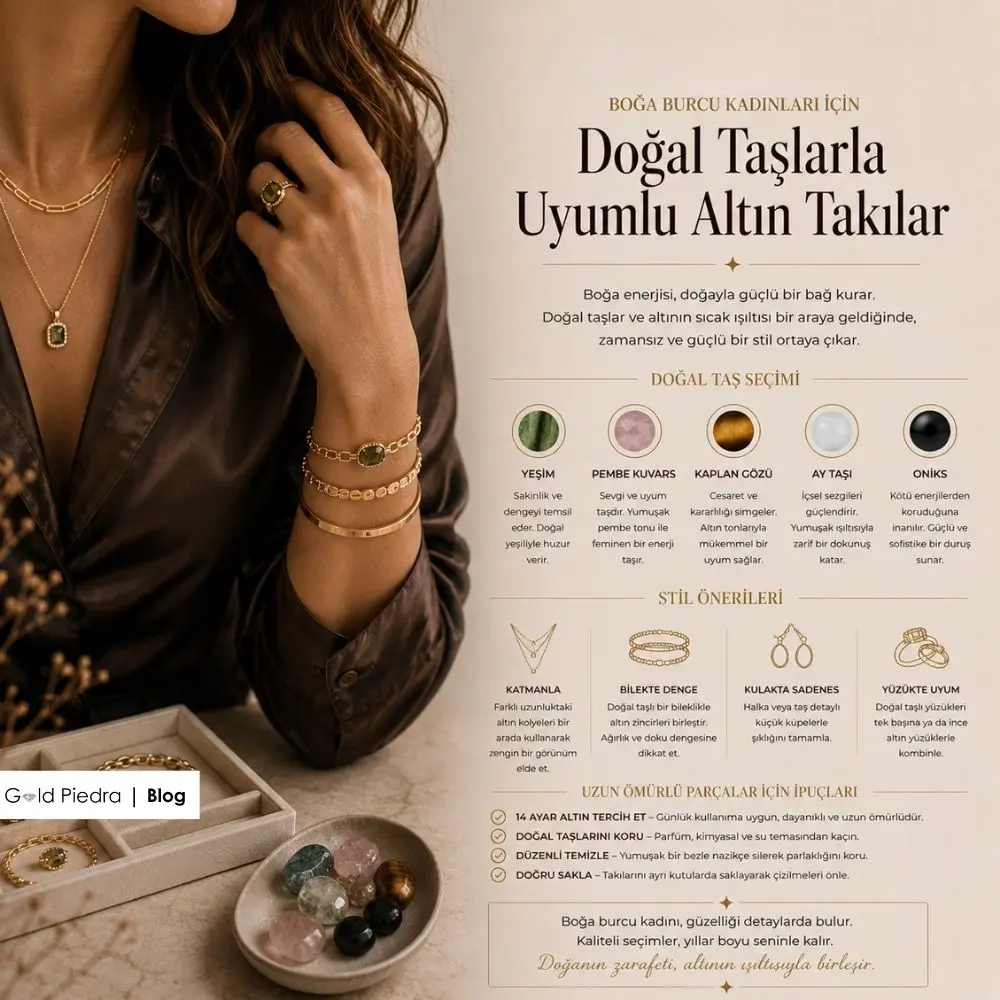 Yeşim pembe kuvars kaplan gözü gibi doğal taşlarla uyumlu Boğa burcu altın takı kombinleri ve stil önerileri.
