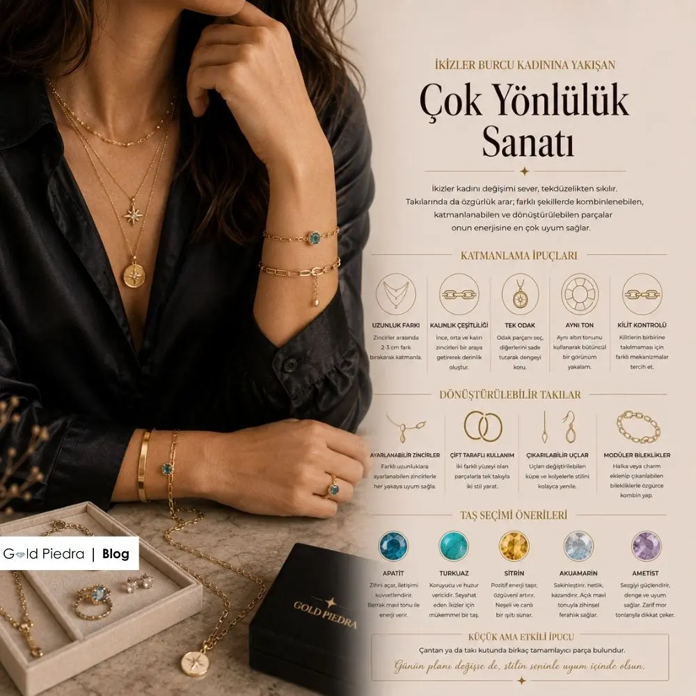 İkizler burcu kadını için katmanlama ipuçları dönüştürülebilir takılar ve apatit gibi doğal taş seçimleri.