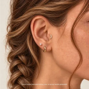 14 Ayar Altın Taşlı Ay Yıldız Model Tragus Piercing
