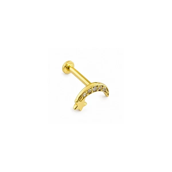 14 Ayar Altın Taşlı Ay Yıldız Model Tragus Piercing