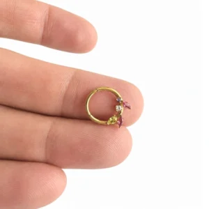 Renkli Taşlı Yaprak Motifli Altın Halka Helix Piercing