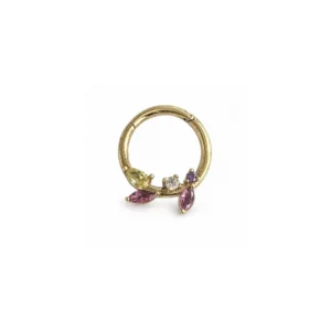 Renkli Taşlı Yaprak Motifli Altın Halka Helix Piercing